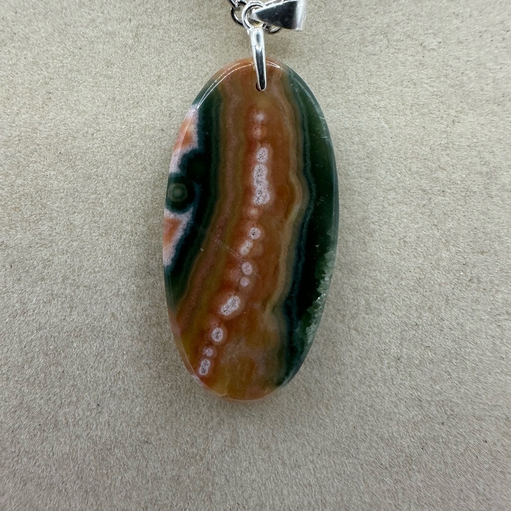 Ocean Jasper Pendant Necklace on Sterling Silver Bail & Stainless Steel Chain - Picture 3 of 8